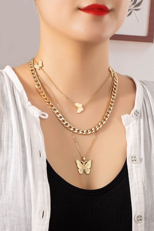 Best seller! Three row butterfly and chunky curb chain necklace