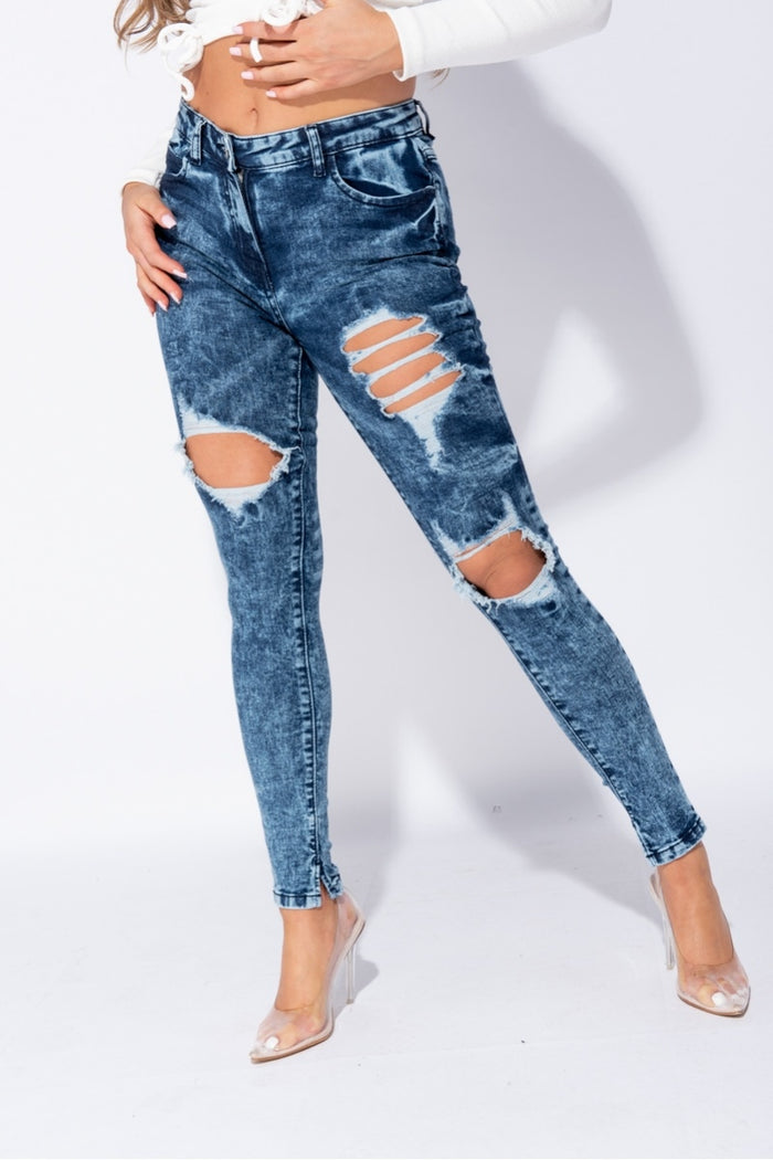 Dark Blue Acid Distressed Front Rip Skinny Jeans