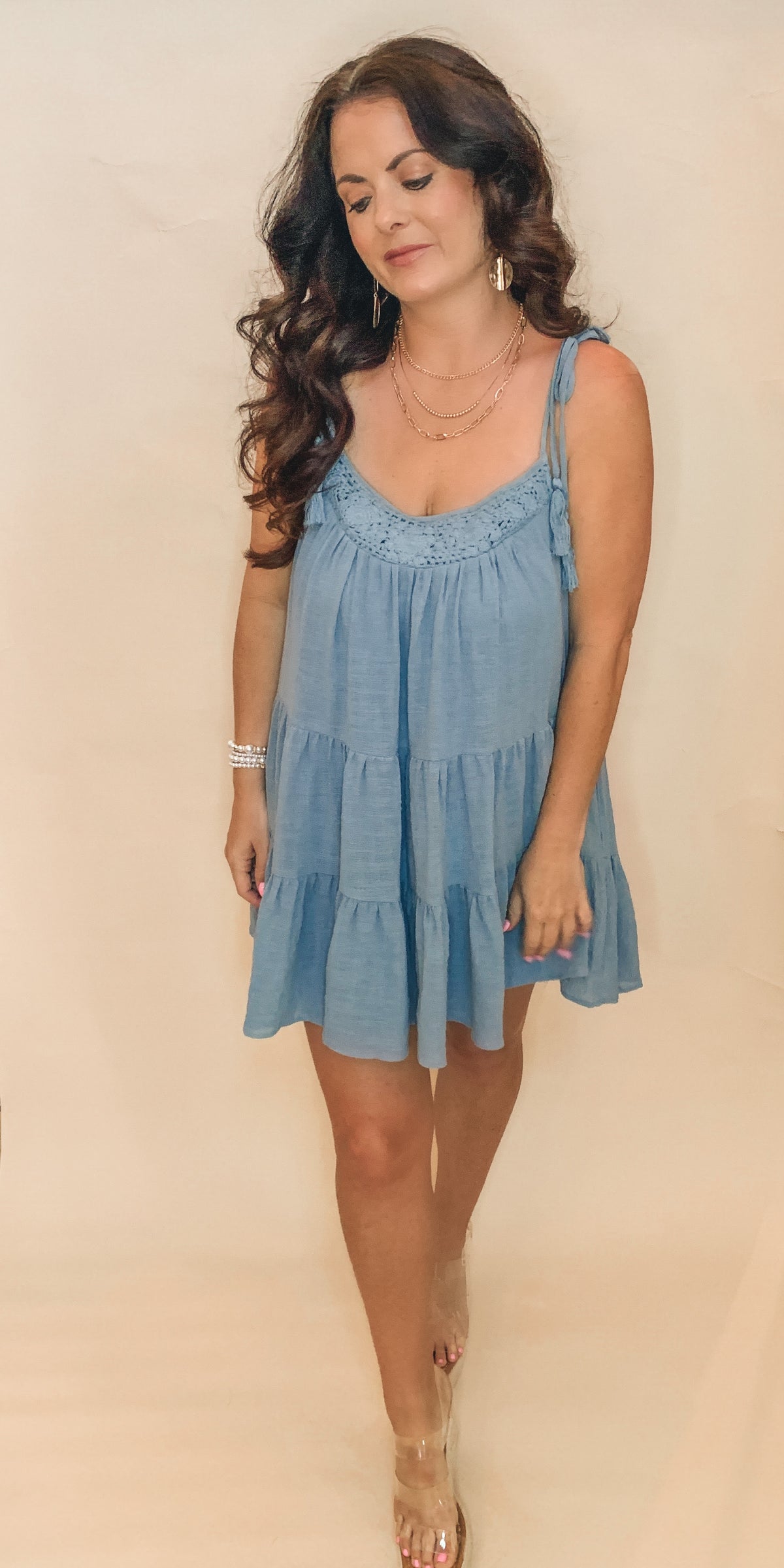 CROCHET FRONT TASSEL WITH STRAP TIERED DRESS