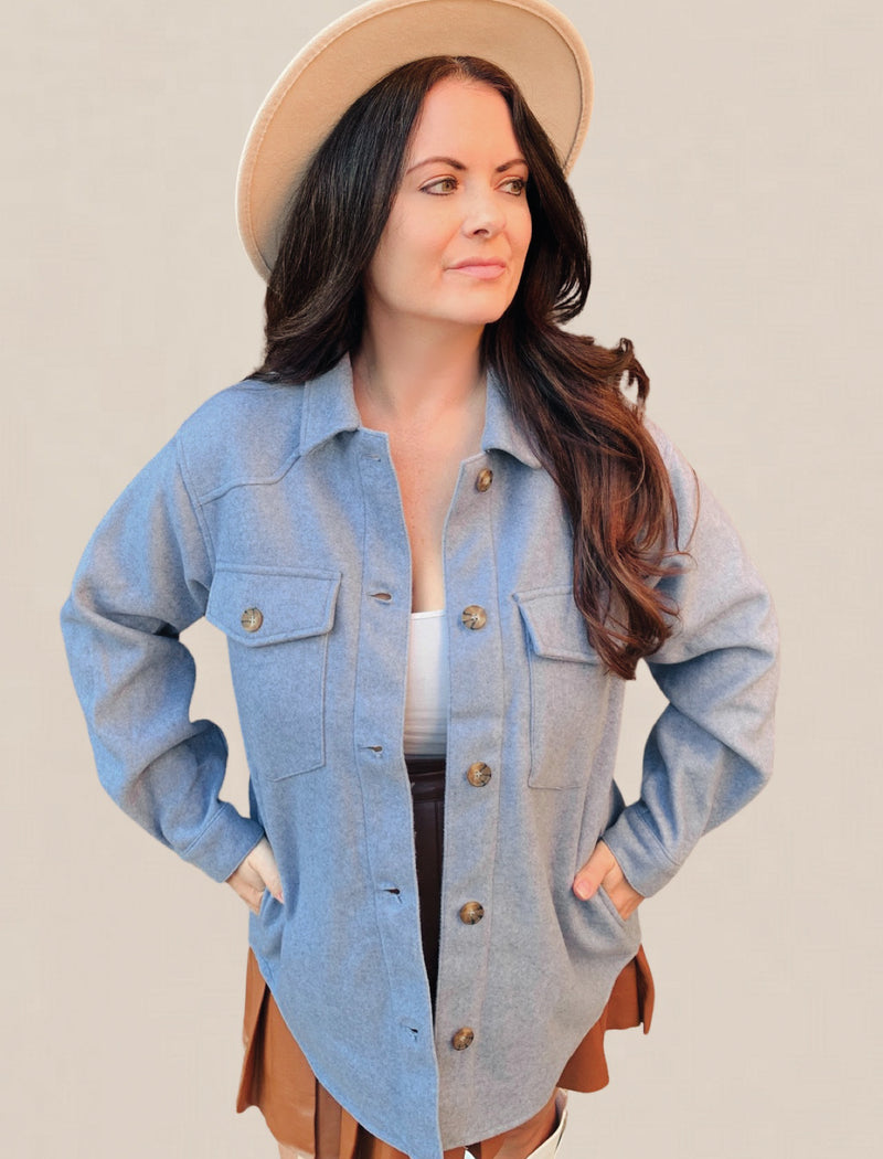 Blue Fleece Oversized Solid Shacket
