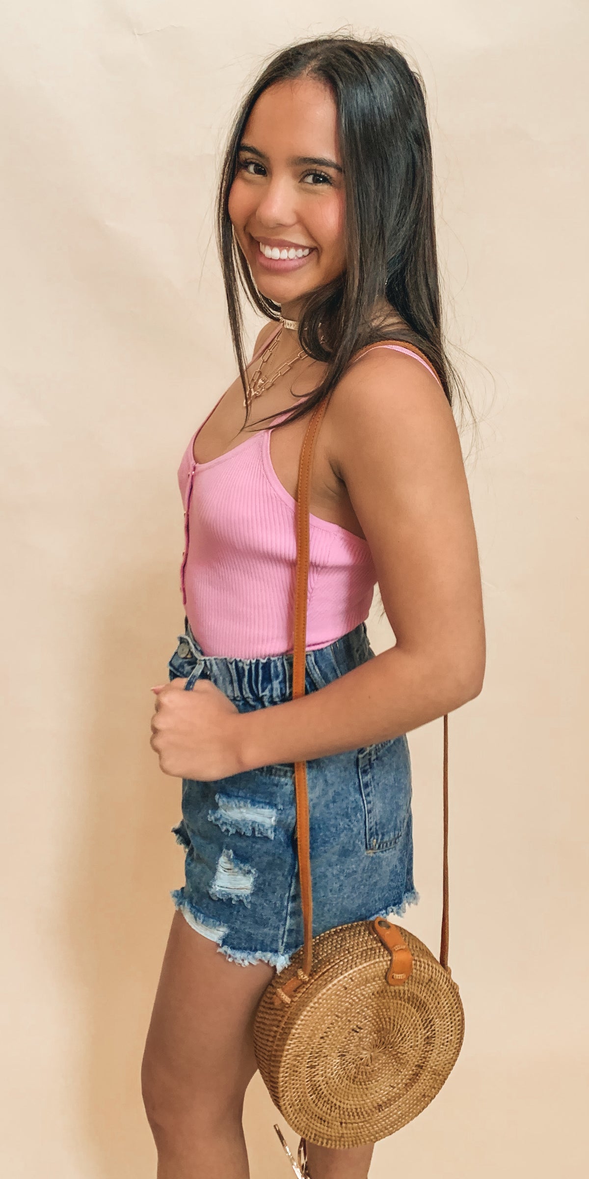 Pink Knit Solid Sleeveless Bodysuit