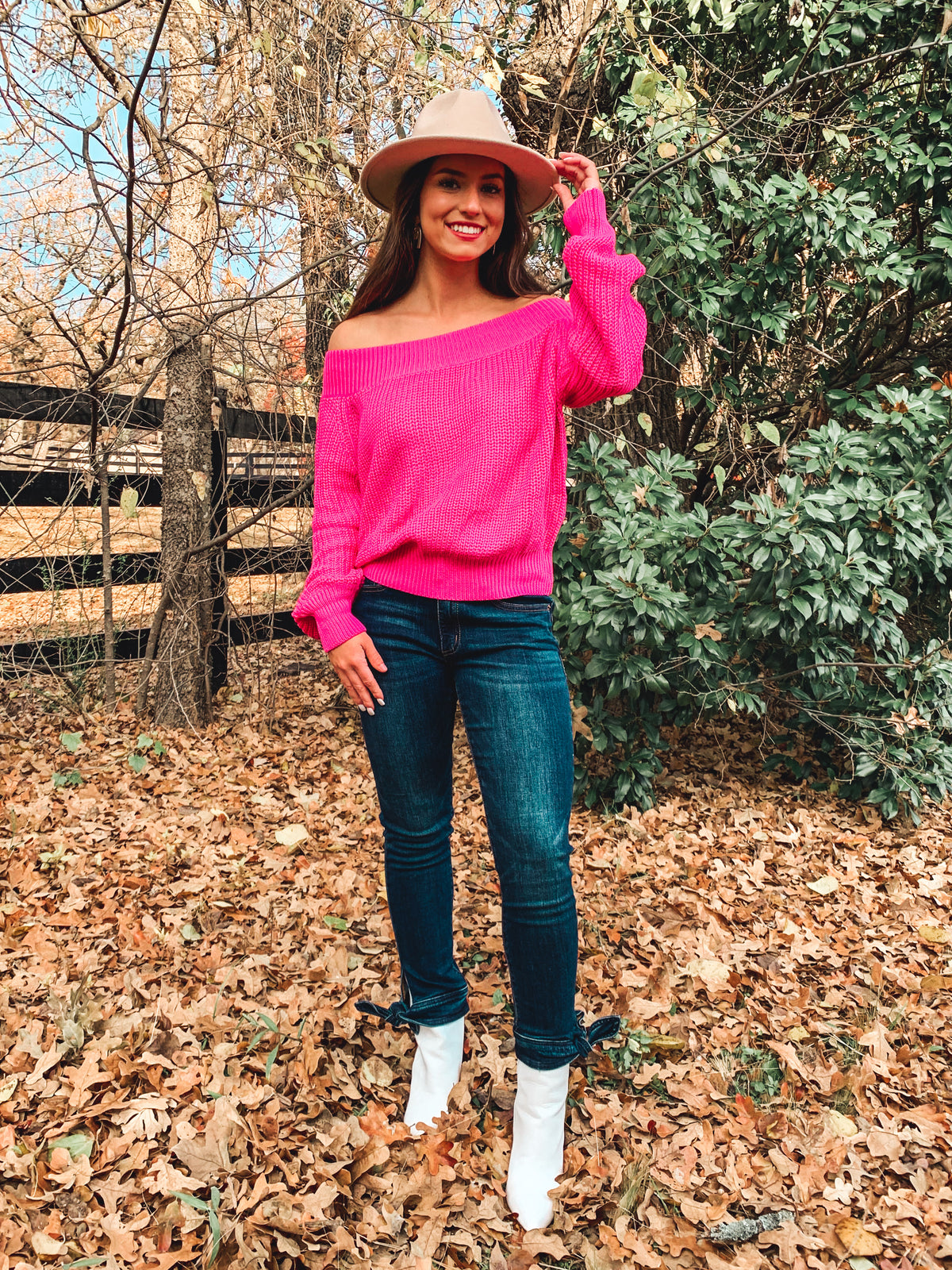 PINK OFF SHOULDER BALLOON SLEEVE SWEATER