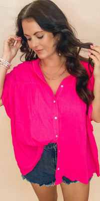 HOT PINK LOOSE FIT GAUZE SHIRRED TOP