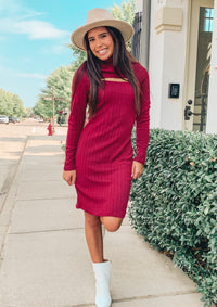 Wine Front Cut Out Bodycon Dress