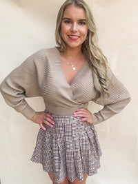 Khaki V Neck Waist Taper Sweater