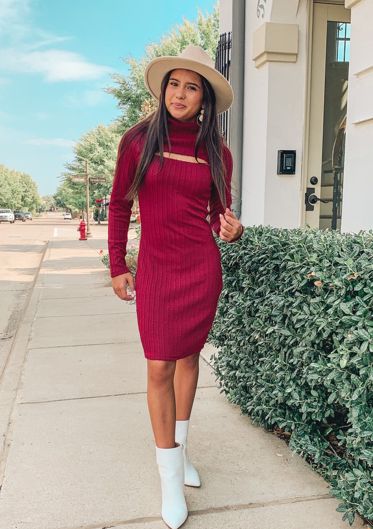 Wine Front Cut Out Bodycon Dress
