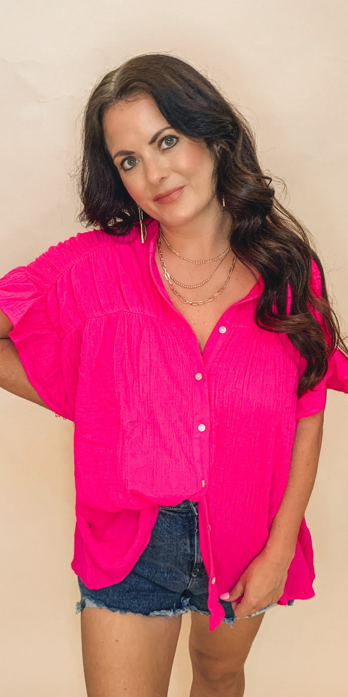 HOT PINK LOOSE FIT GAUZE SHIRRED TOP