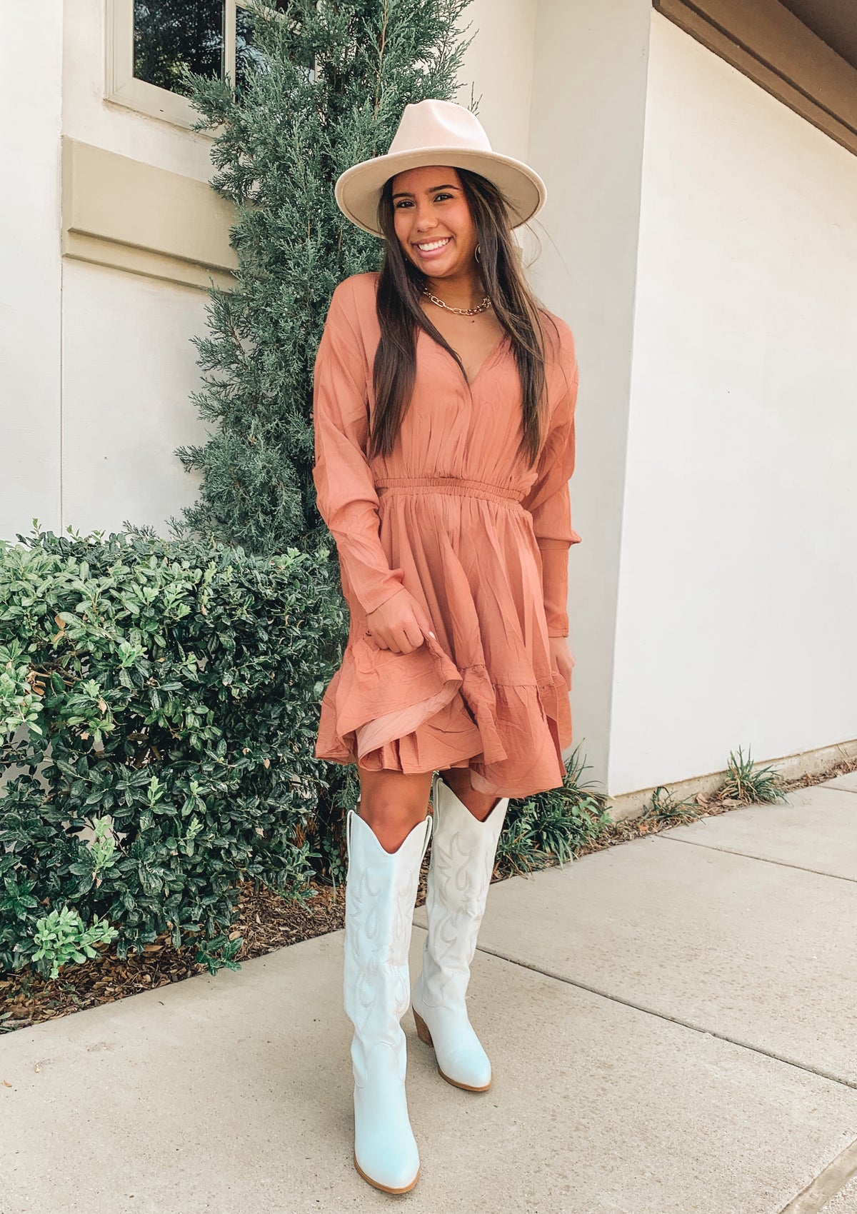 BROWN V-NECK RUFFLE MINI DRESS