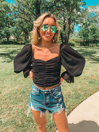 Black Ruched Puff Sleeve Crop Top