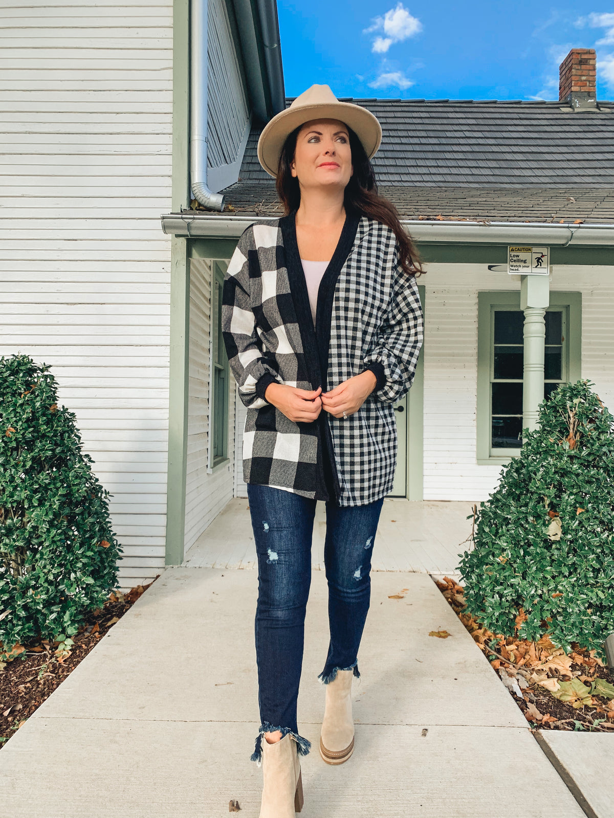 MIXED CHECKER PRINT KNIT CARDIGAN