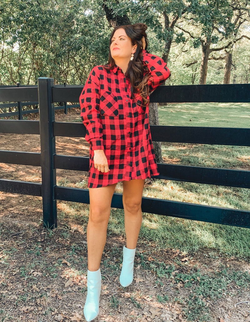 RED PLAID SHIRT DRESS