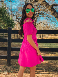 BEST SELLER! Pink smocked detail tiered mini dress