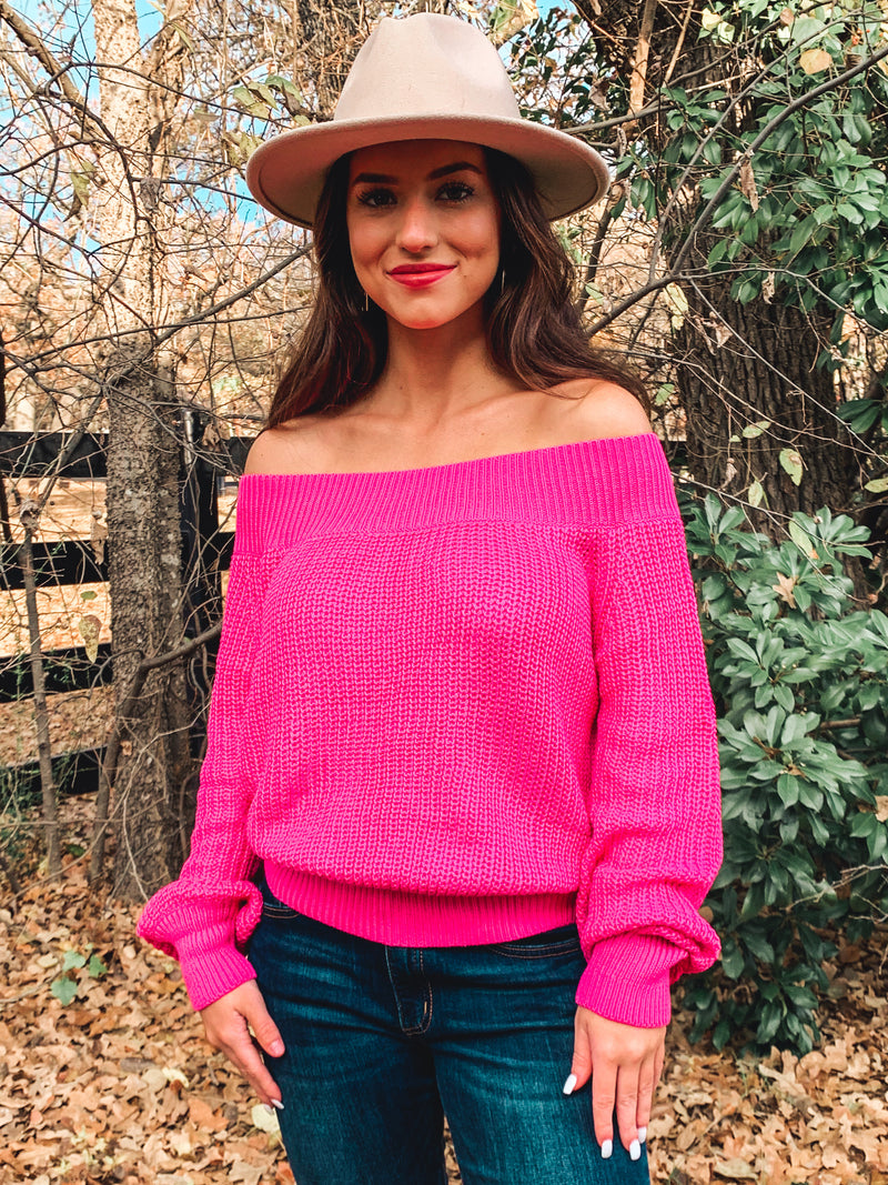 PINK OFF SHOULDER BALLOON SLEEVE SWEATER