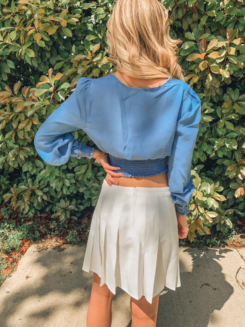 SMOCKED CHAMBRAY BUTTON CROPPED BLOUSE