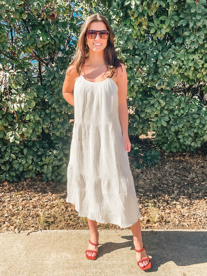 White Loose fit tiered midi dress