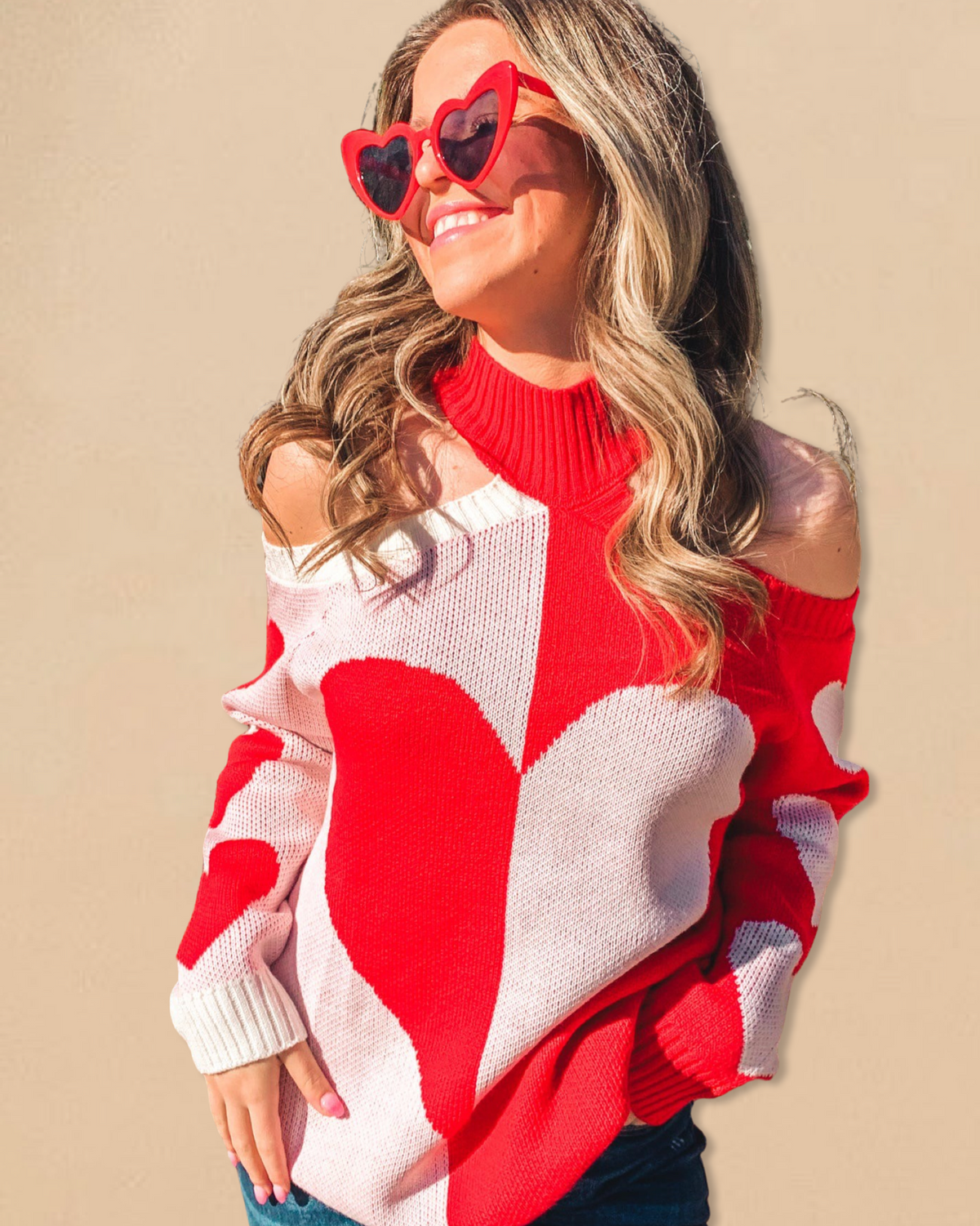 RED MOCK NECK HEART SWEATER