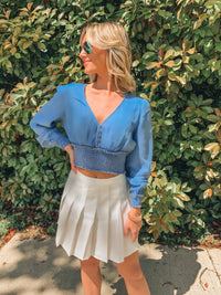 SMOCKED CHAMBRAY BUTTON CROPPED BLOUSE