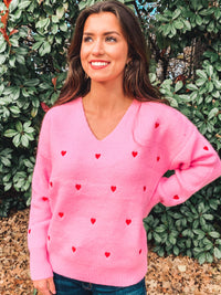 Pink Knit V Neck Sweater with Heart Detail