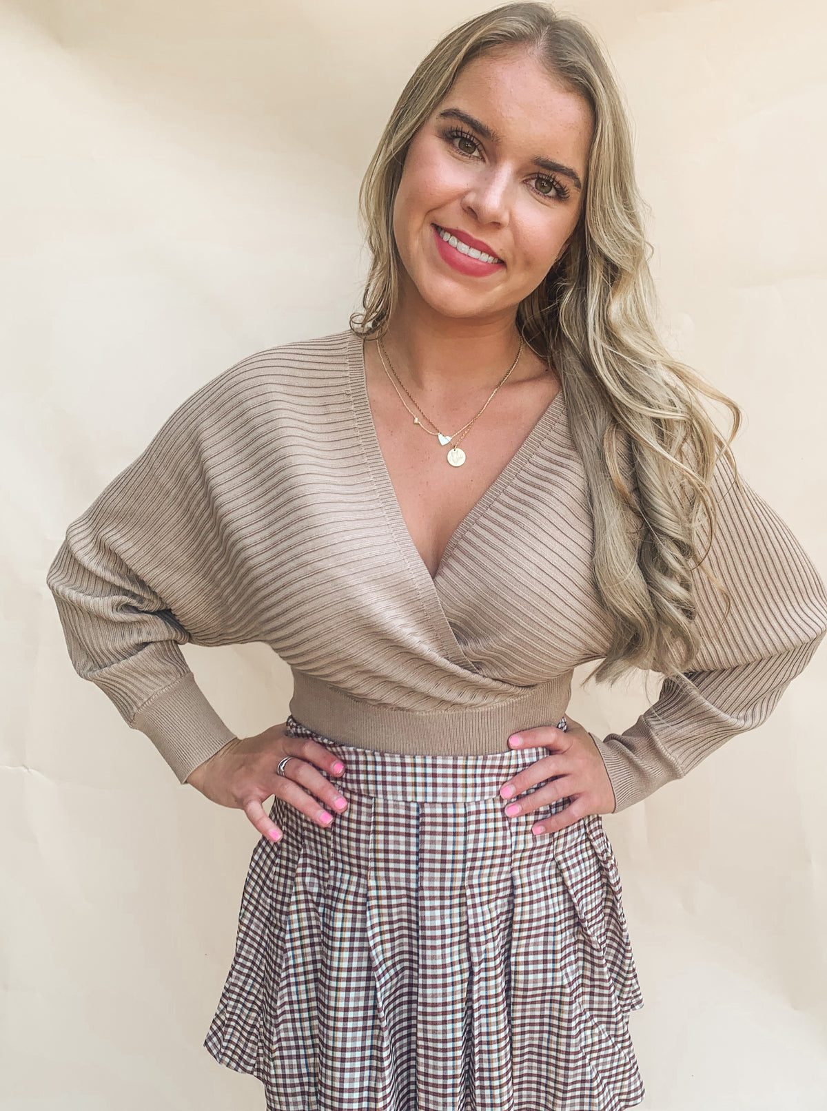 Khaki V Neck Waist Taper Sweater