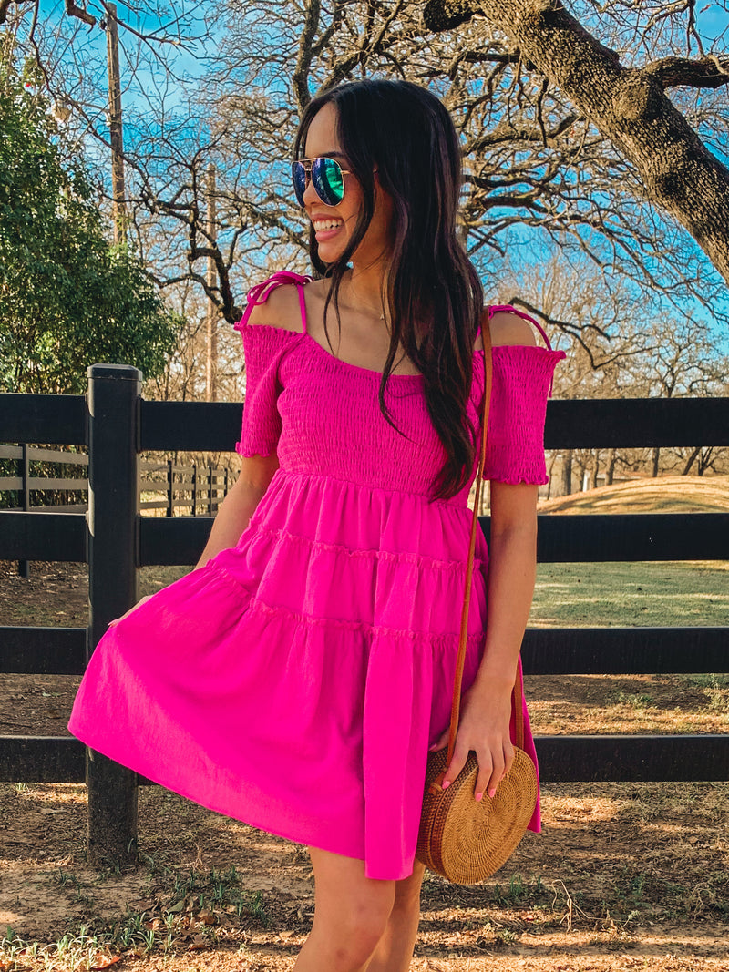 BEST SELLER! Pink smocked detail tiered mini dress