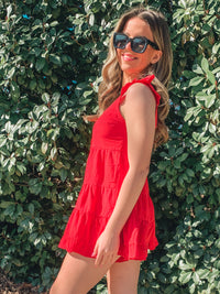Red Tiered ruffle sleeve romper