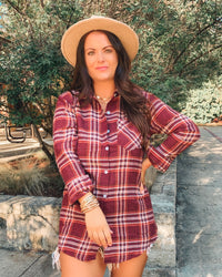 Burgundy Oversized Long Sleeve Plaid Top