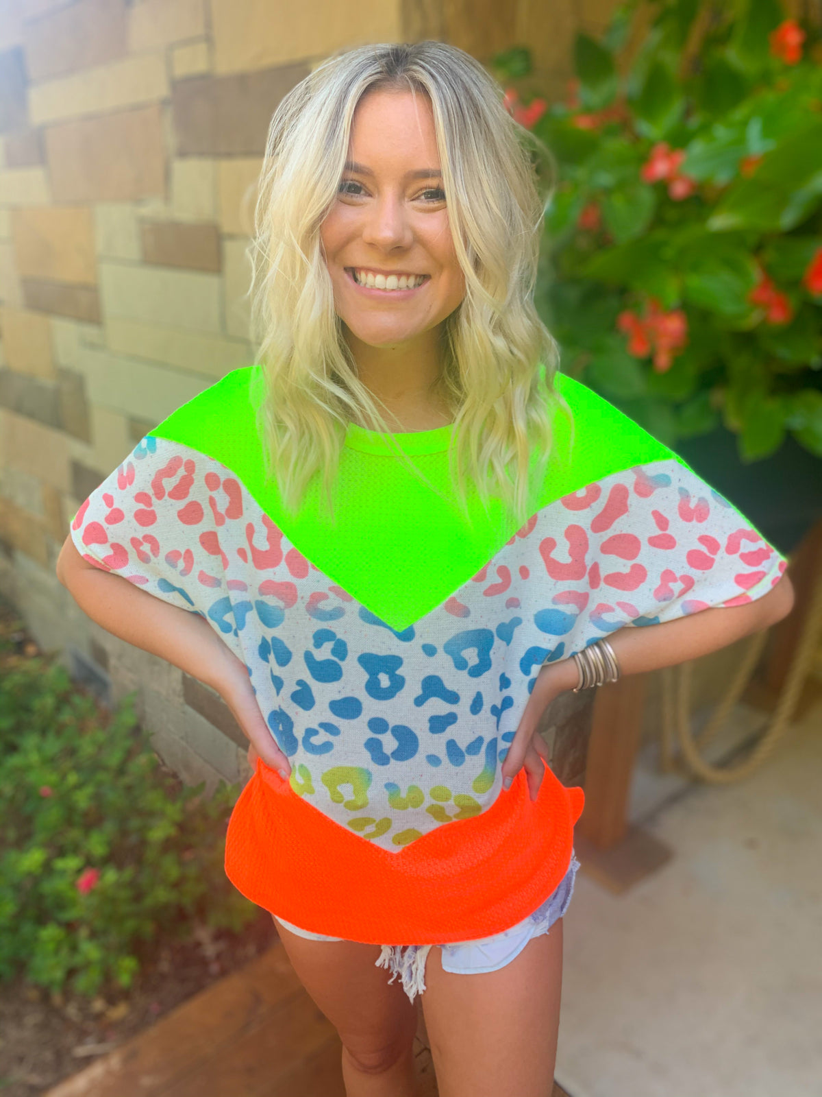 Multi ombre leopard printed color block top