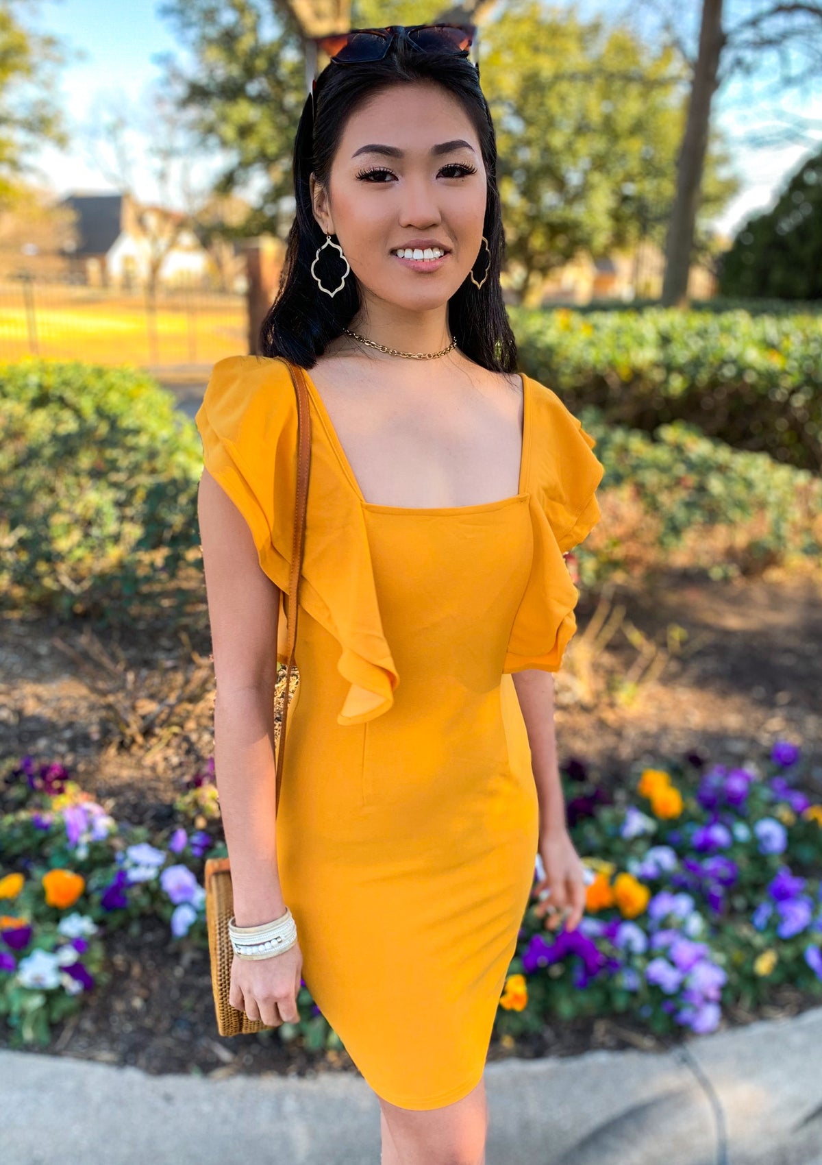 DOUBLE RUFFLE SLV SQUARE NECK BODYCON DRESS