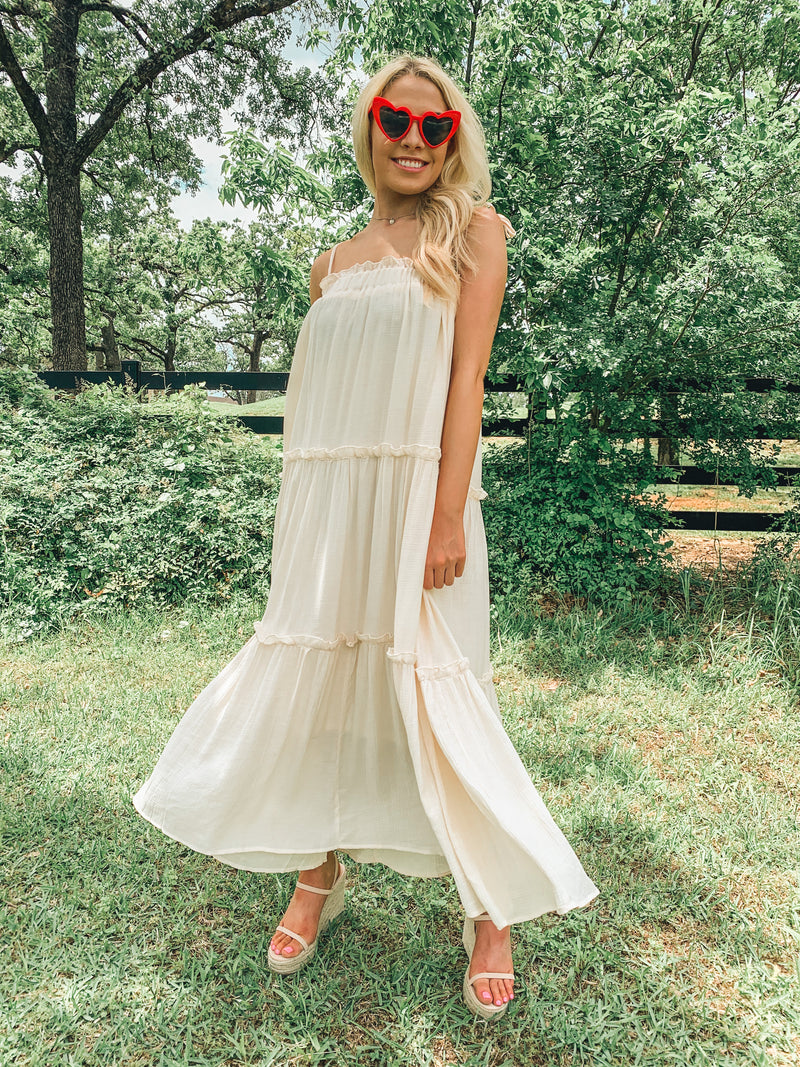 OFF WHITE RUFFLE TIERED MAXI DRESS WITH STRAPS
