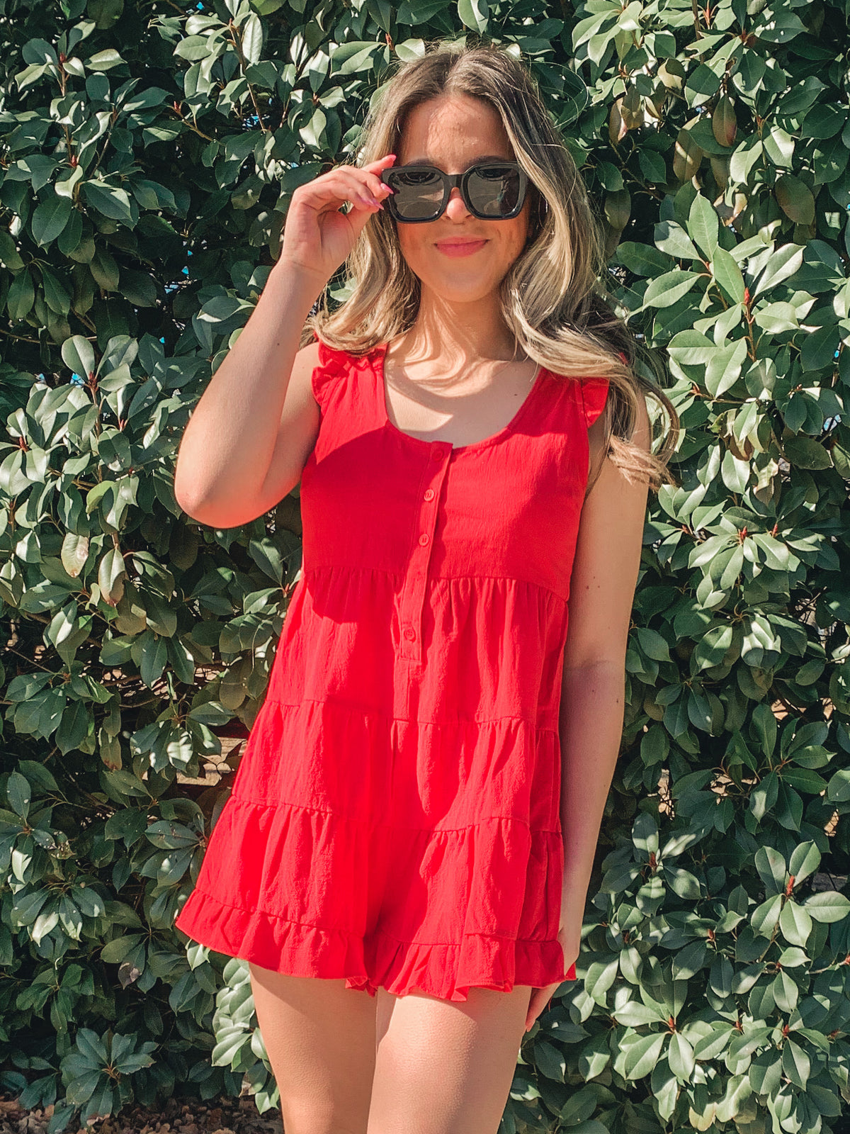 Red Tiered ruffle sleeve romper