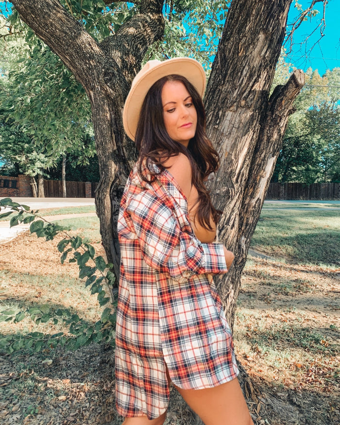 ORANGE OVERSIZED PUFF SLEEVES PLAID SHIRT