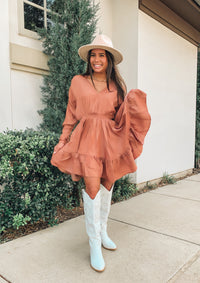 BROWN V-NECK RUFFLE MINI DRESS