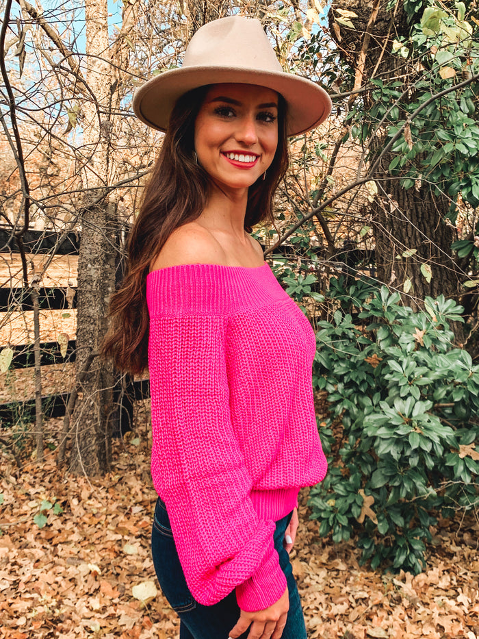 PINK OFF SHOULDER BALLOON SLEEVE SWEATER