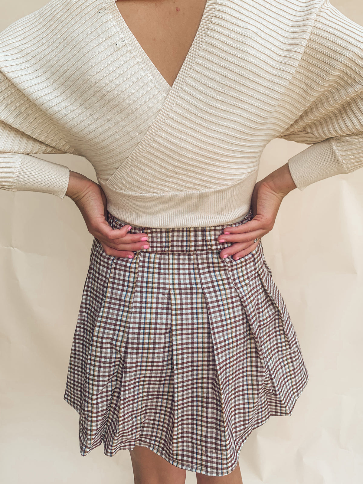 Brown Plaid Pleated Mini Skirt