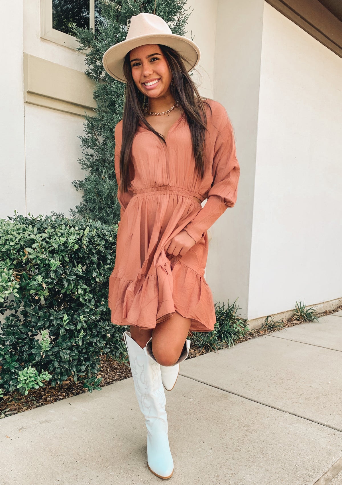 BROWN V-NECK RUFFLE MINI DRESS