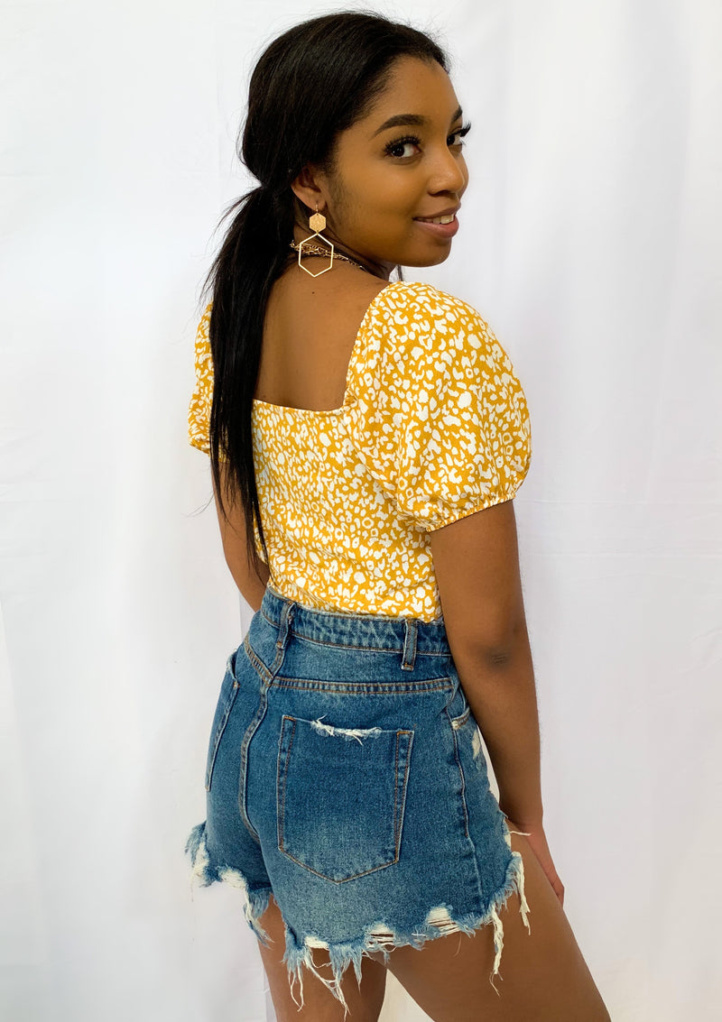 Reversible Yellow Square Neck Printed Back Tie Top