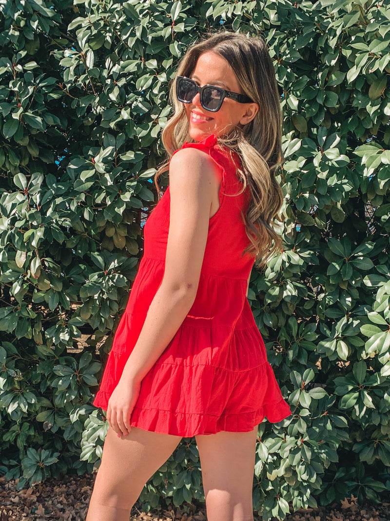 Red Tiered ruffle sleeve romper