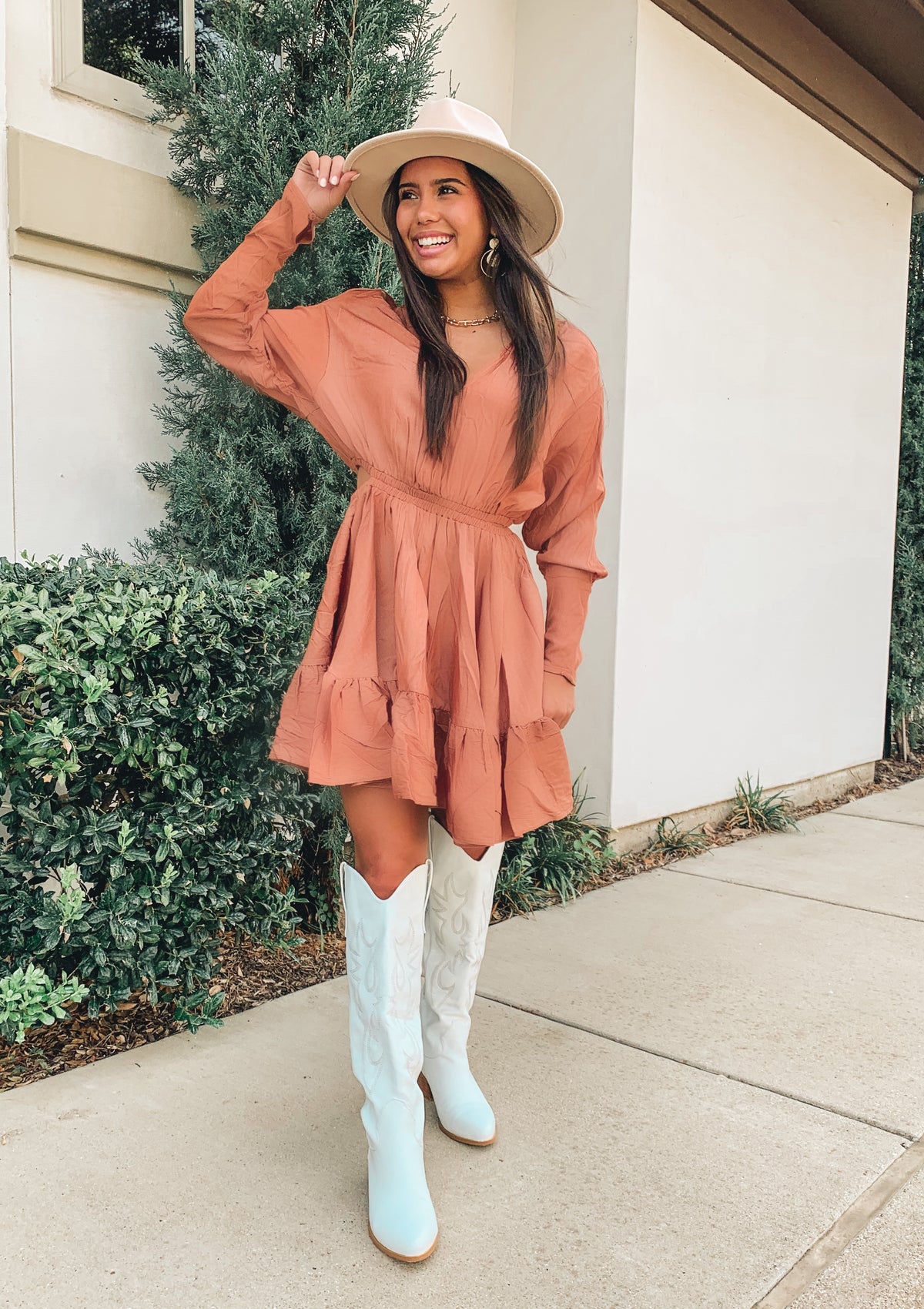 BROWN V-NECK RUFFLE MINI DRESS