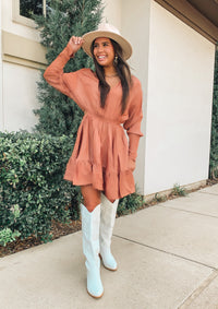 BROWN V-NECK RUFFLE MINI DRESS