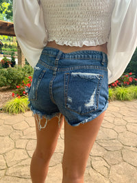 DARK DISTRESSED HIGH ROLLED UP SIDE DENIM SHORTS