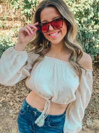 WHITE LONG SLEEVE OFF SHOULDER CROPPED TOP