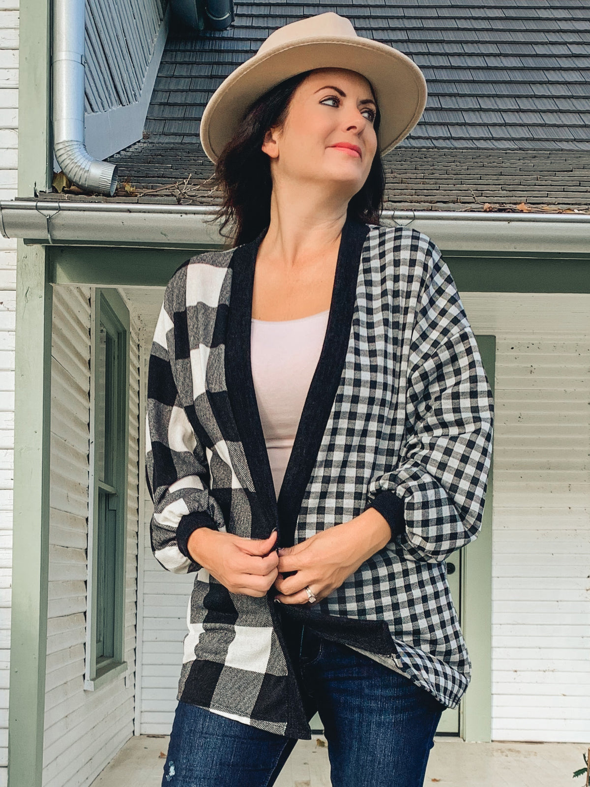 MIXED CHECKER PRINT KNIT CARDIGAN