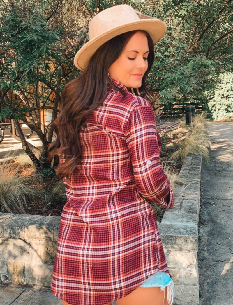 Burgundy Oversized Long Sleeve Plaid Top