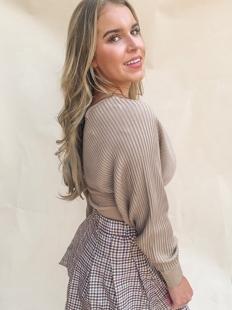 Khaki V Neck Waist Taper Sweater