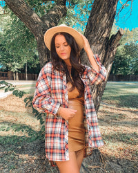 ORANGE OVERSIZED PUFF SLEEVES PLAID SHIRT