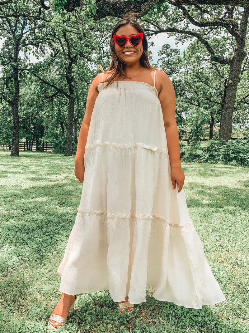 OFF WHITE RUFFLE TIERED MAXI DRESS WITH STRAPS