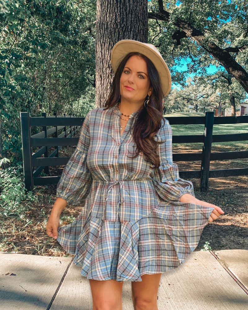 BLUE  PLAID SHIRT DRESS