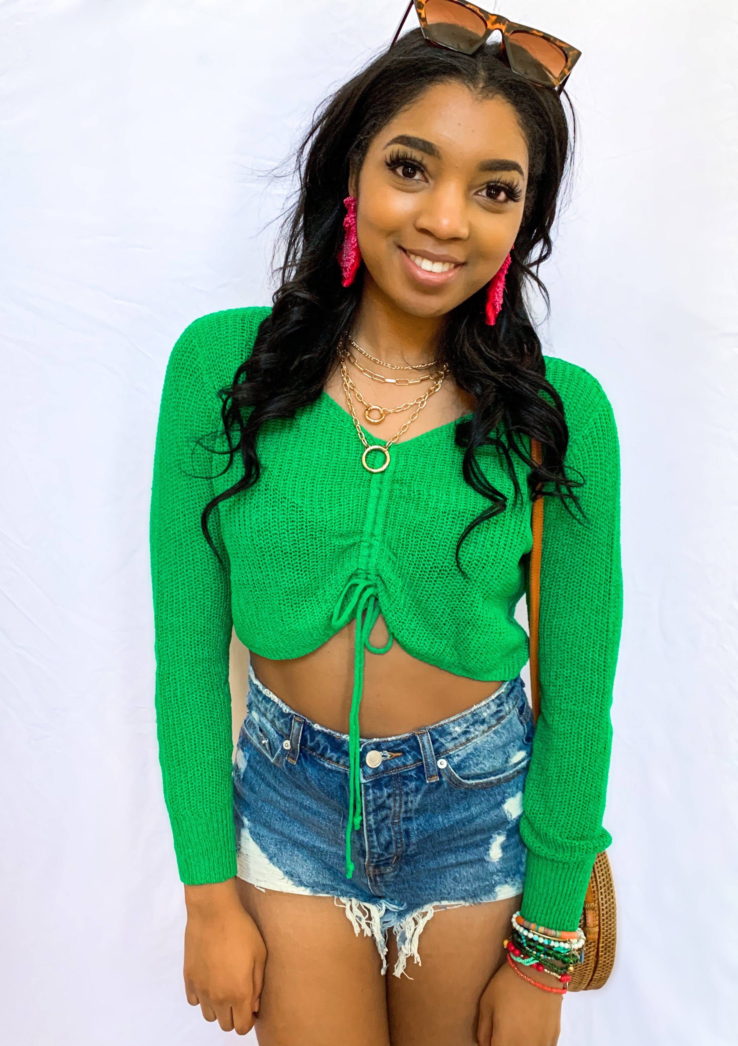 GREEN DRAWSTRING DETAIL SWEATER CROP TOP