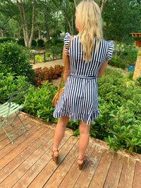 Navy Striped Waist Tie Short Dress