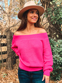 PINK OFF SHOULDER BALLOON SLEEVE SWEATER